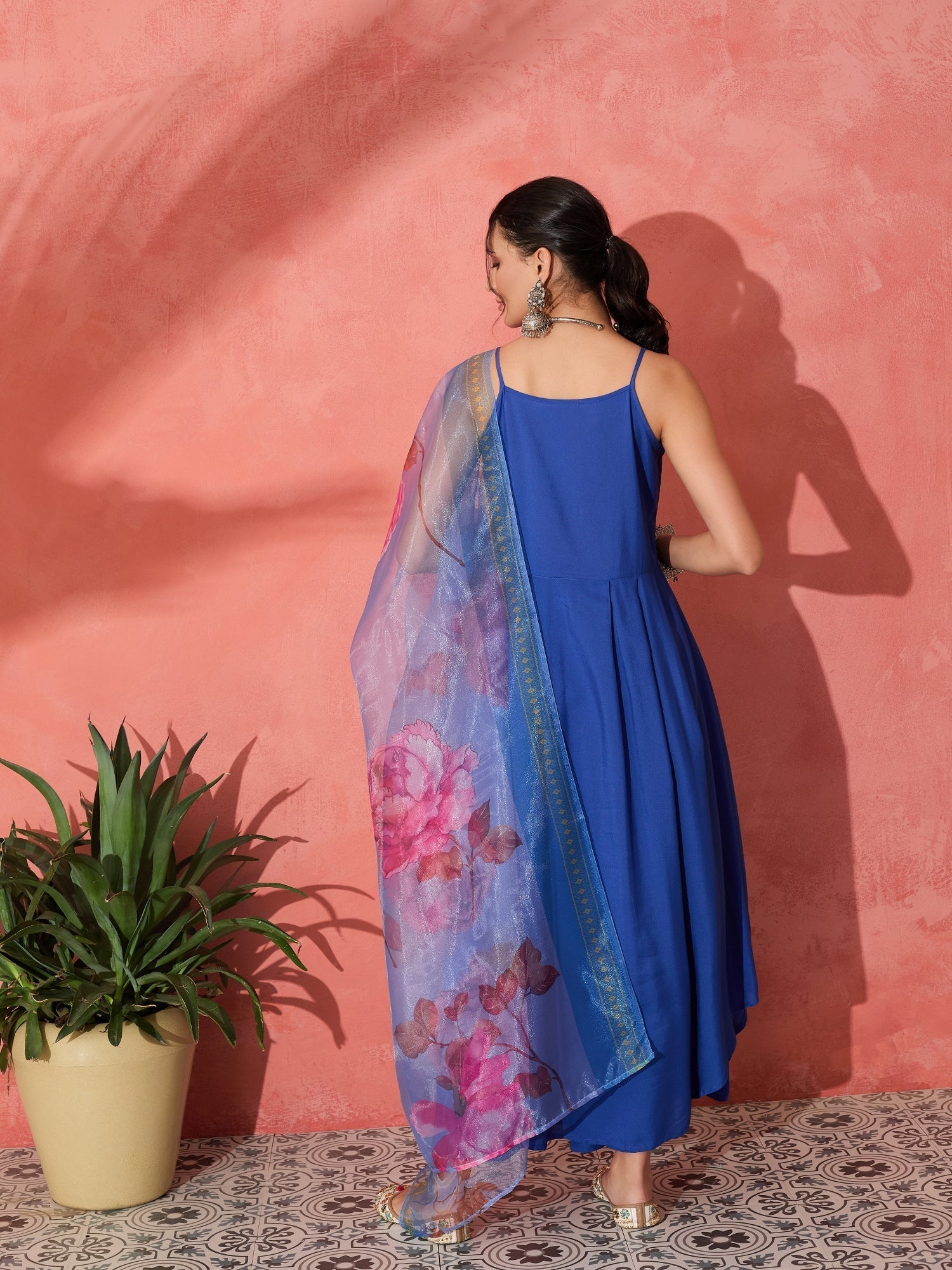 InWeave Strappy Ink Blue With Blue Fuchsia Floral Organza Dupatta Set - Distacart