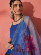 InWeave Strappy Ink Blue With Blue Fuchsia Floral Organza Dupatta Set - Distacart