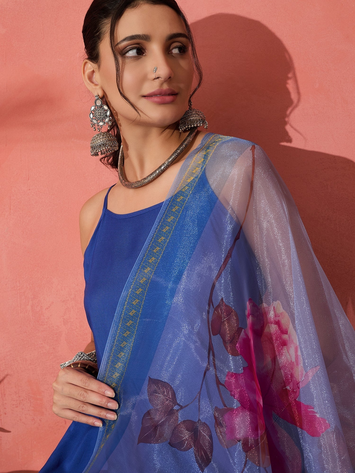 InWeave Strappy Ink Blue With Blue Fuchsia Floral Organza Dupatta Set - Distacart