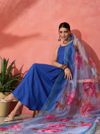 InWeave Strappy Ink Blue With Blue Fuchsia Floral Organza Dupatta Set - Distacart