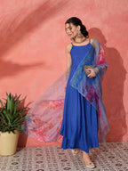 InWeave Strappy Ink Blue With Blue Fuchsia Floral Organza Dupatta Set - Distacart