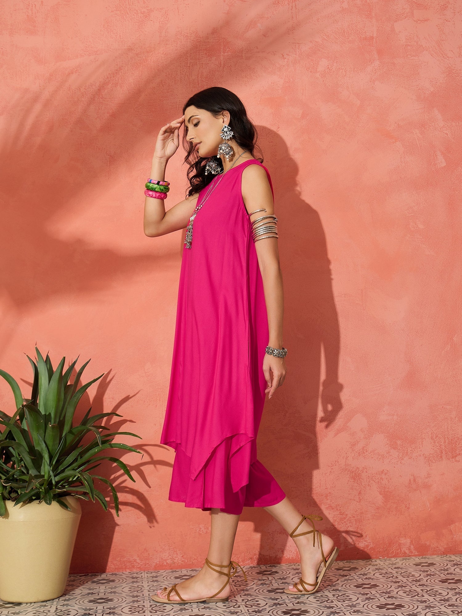 InWeave Fuchsia Short Kurta Palazzo Set