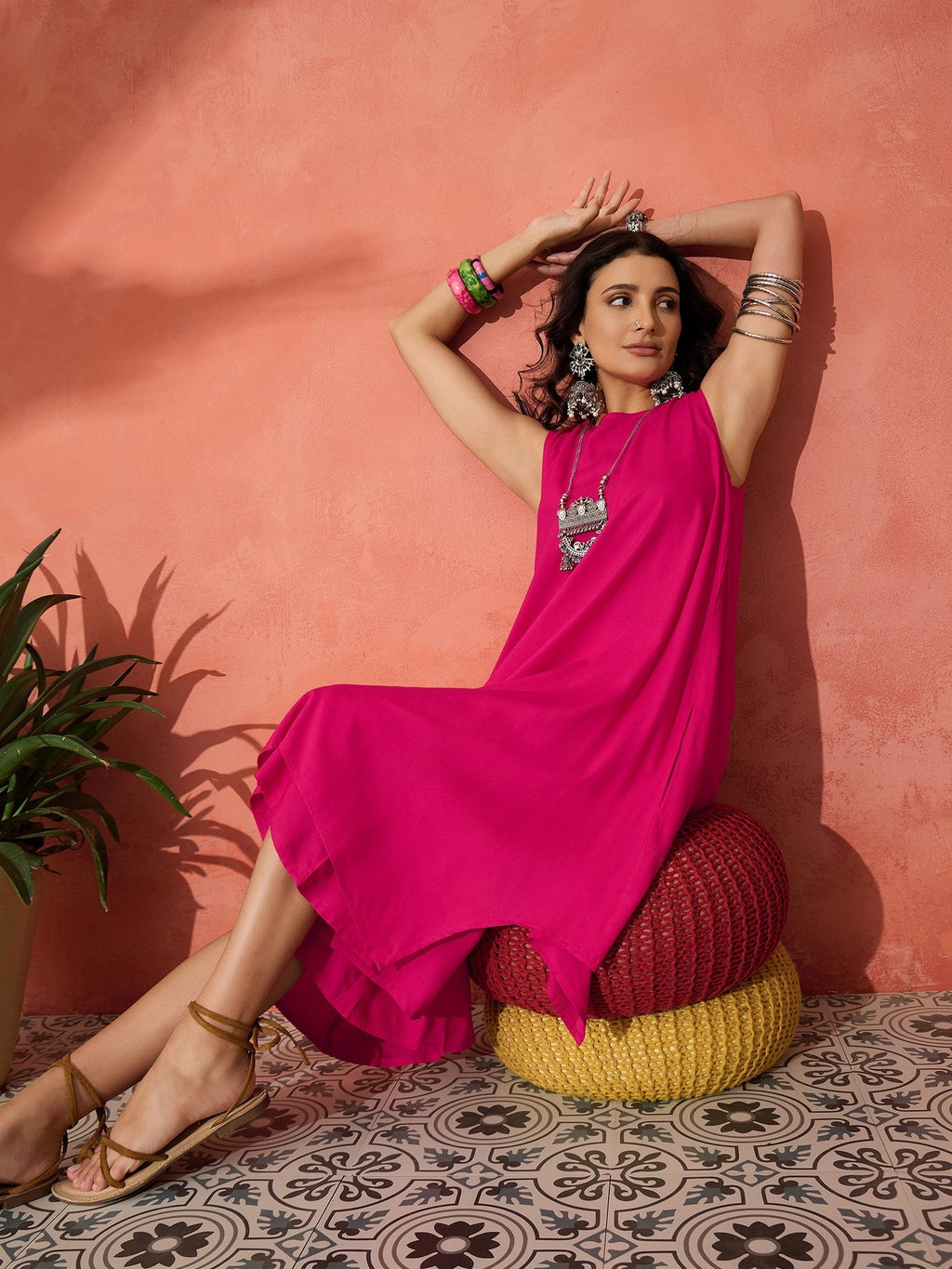 InWeave Fuchsia Short Kurta Palazzo Set