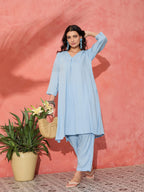 InWeave Pastel Blue Solid V Neck Kurta Pant Set