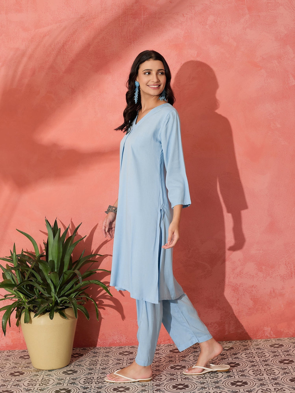 InWeave Pastel Blue Solid V Neck Kurta Pant Set