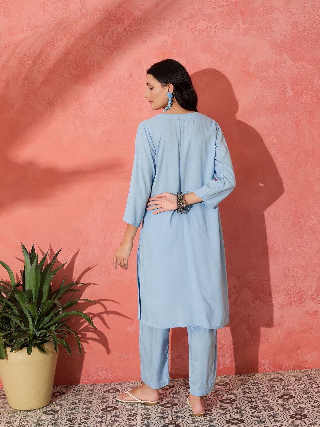 InWeave Pastel Blue Solid V Neck Kurta Pant Set