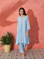 InWeave Pastel Blue Solid V Neck Kurta Pant Set