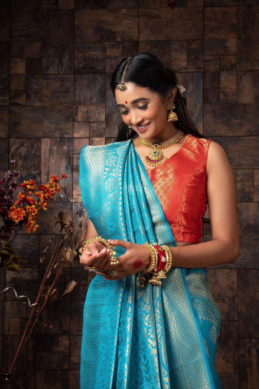 Vardha Azure Blue Golden Zari Kanjeevaram Silk Saree