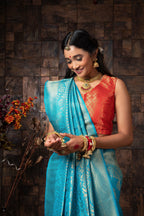 Vardha Azure Blue Golden Zari Kanjeevaram Silk Saree