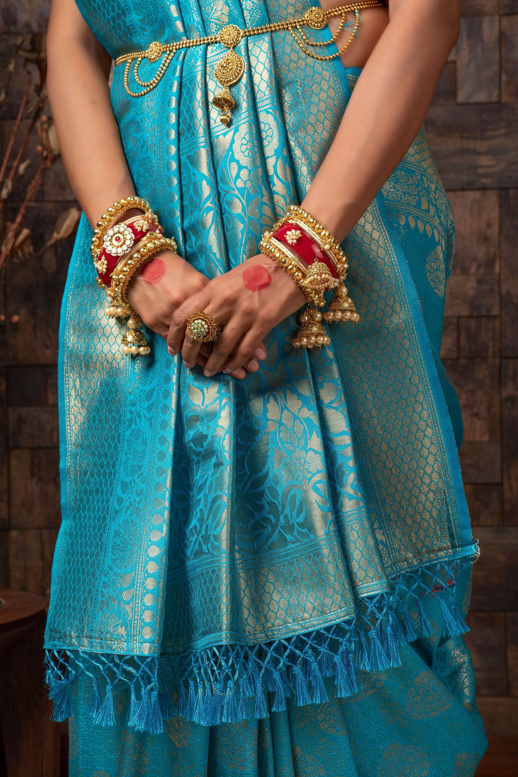 Vardha Azure Blue Golden Zari Kanjeevaram Silk Saree