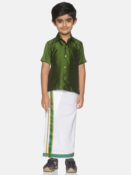 Sethukrishna Boys Olive Green & White Solid Shirt and Veshti Set