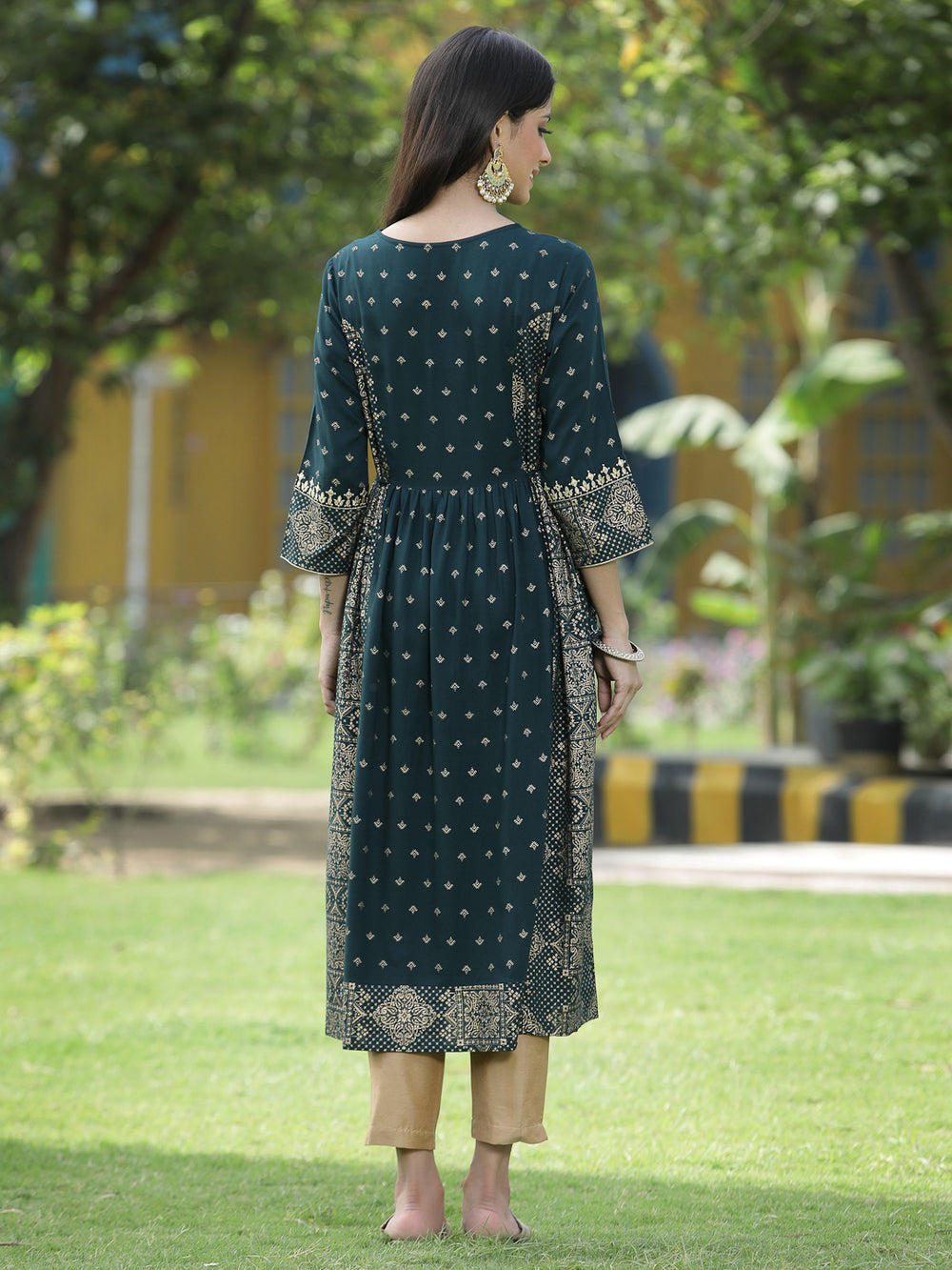 Juniper Green Rayon Festive Wear Printed Flared Kurta - Distacart
