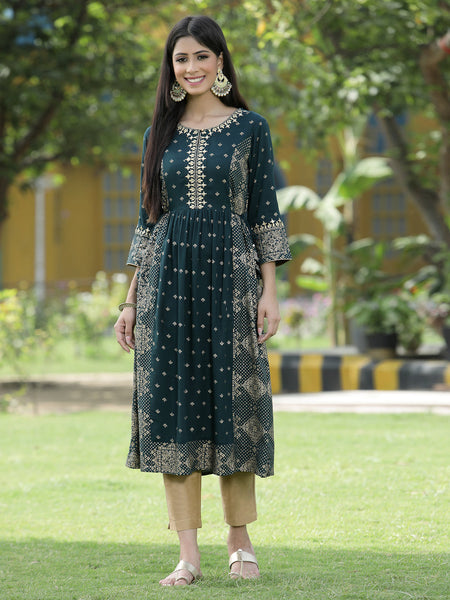 Juniper Green Rayon Festive Wear Printed Flared Kurta