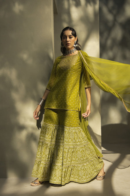 Juniper Green Georgette Festive Embroidered Printed Straight Skd For Women