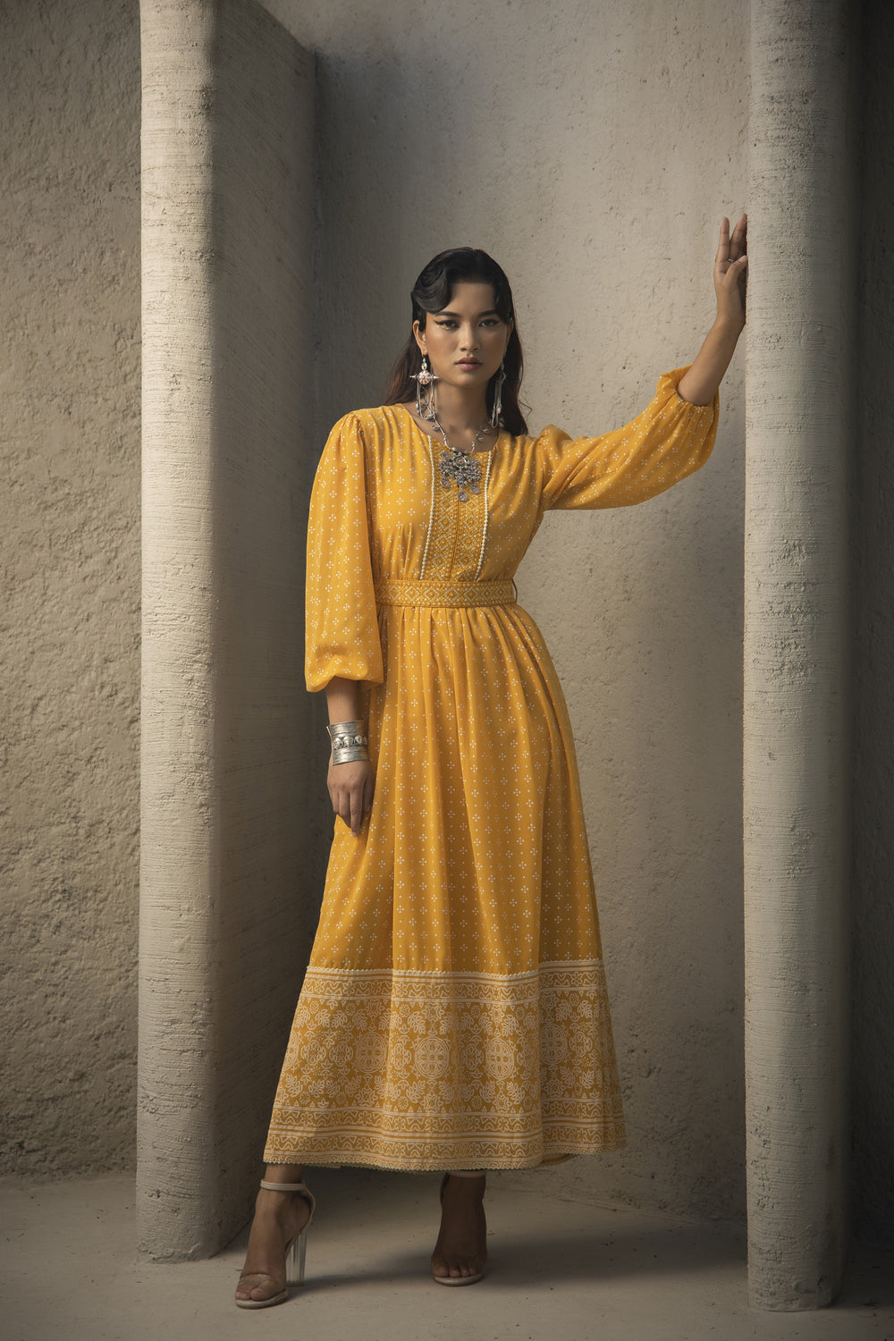 Juniper Mustard Georgette Festive Khadi Print Flared Dress For Women - Distacart