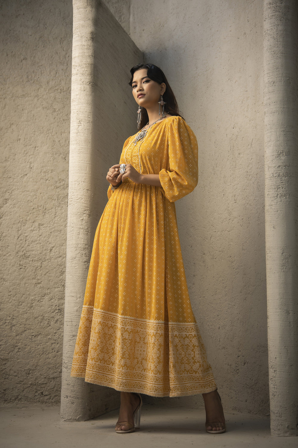 Juniper Mustard Georgette Festive Khadi Print Flared Dress For Women - Distacart