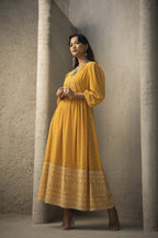 Juniper Mustard Georgette Festive Khadi Print Flared Dress For Women - Distacart