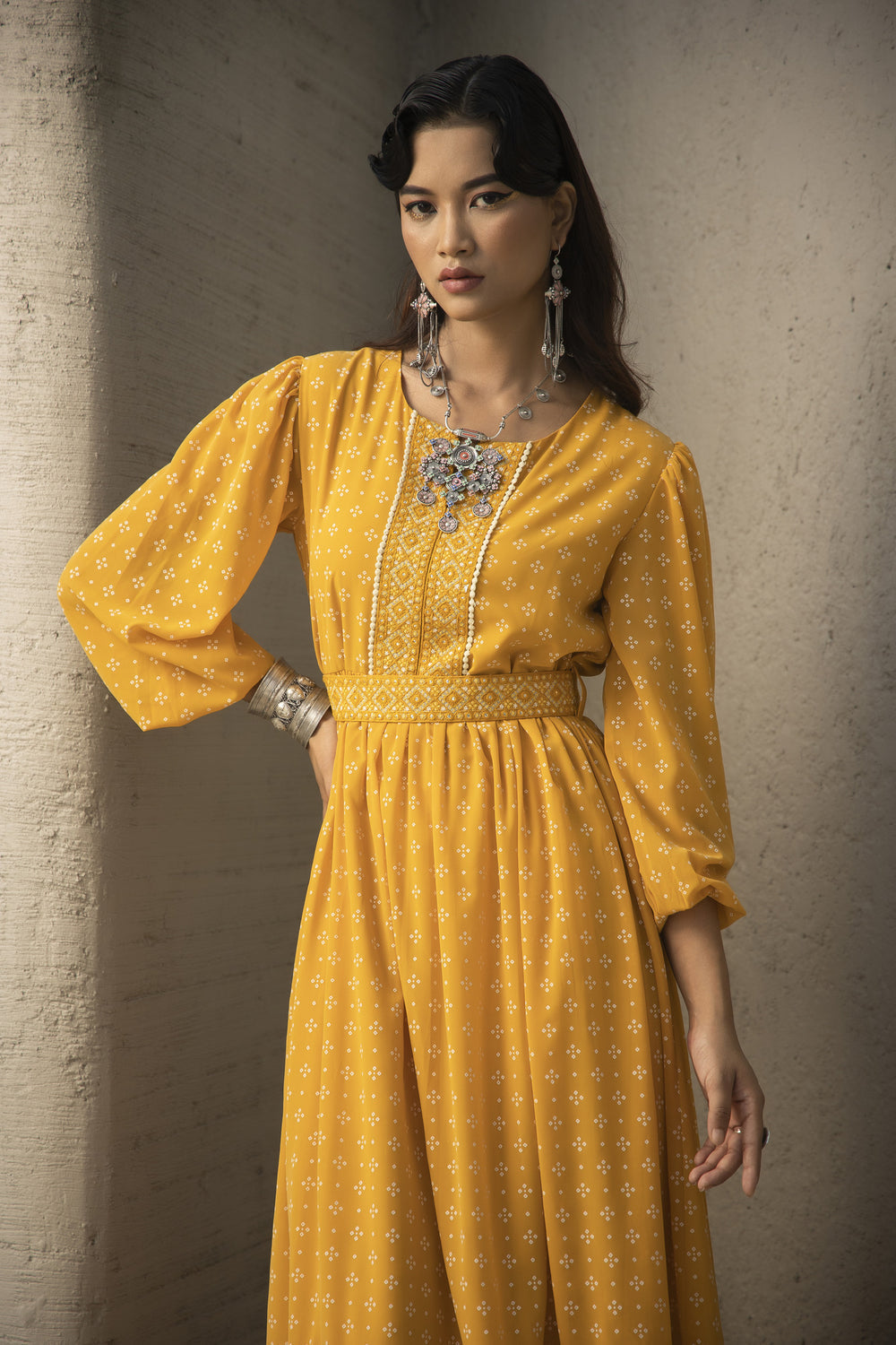 Juniper Mustard Georgette Festive Khadi Print Flared Dress For Women - Distacart