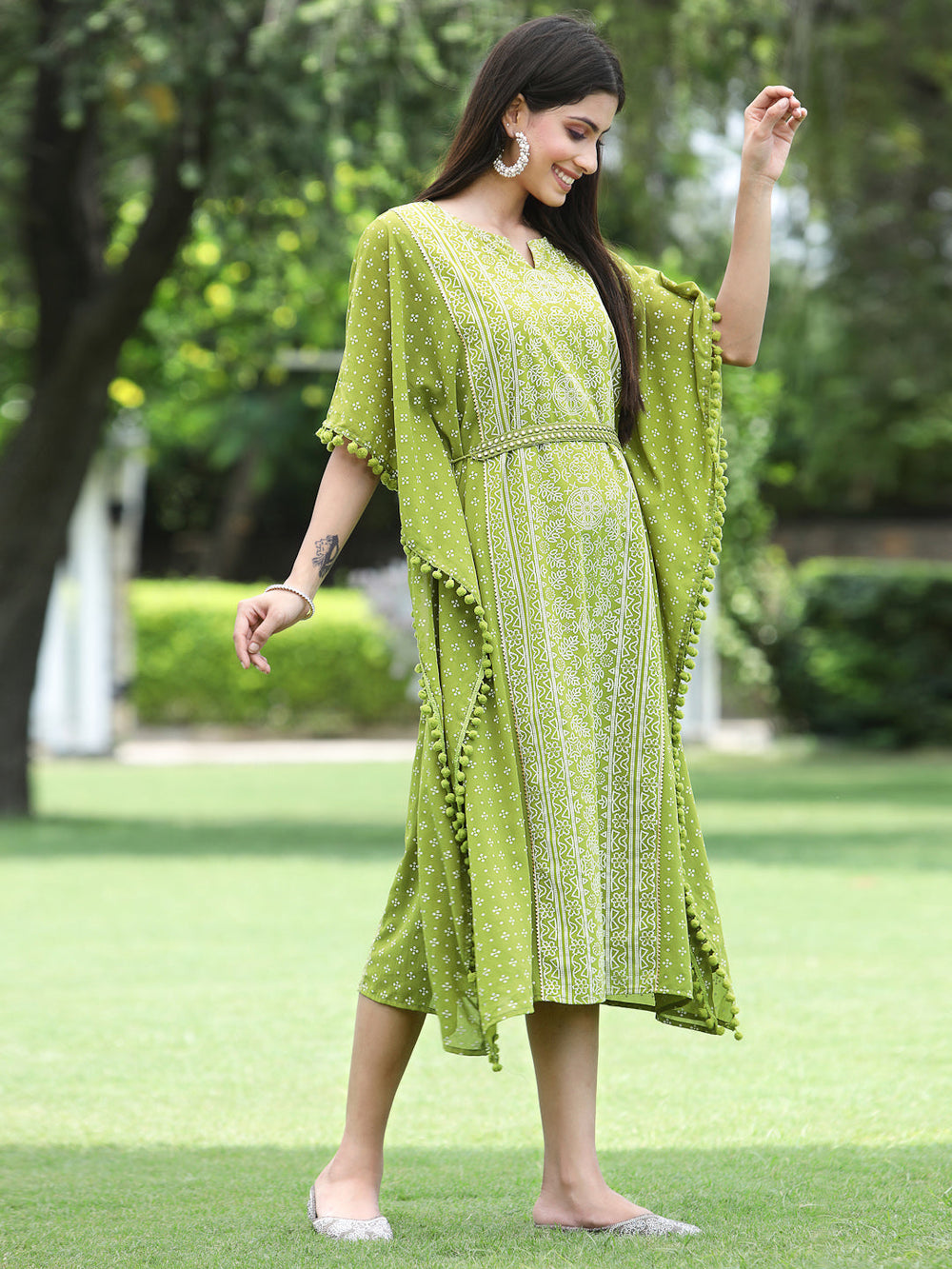 Juniper Green Georgette Festive Bandhej Printed Straight Kaftan For Women - Distacart