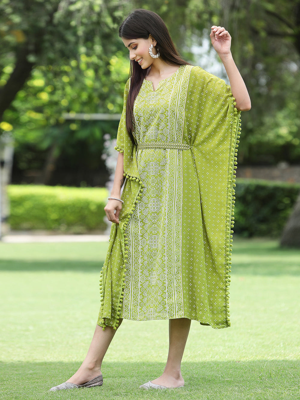 Juniper Green Georgette Festive Bandhej Printed Straight Kaftan For Women - Distacart