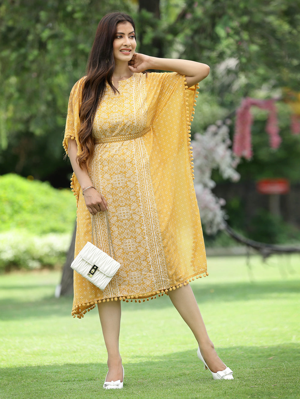 Juniper Mustard Georgette Festive Bandhej Printed Straight Kaftan For Women - Distacart