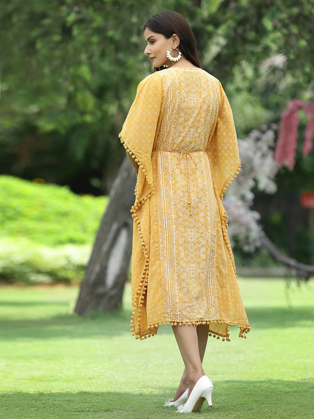 Juniper Mustard Georgette Festive Bandhej Printed Straight Kaftan For Women - Distacart