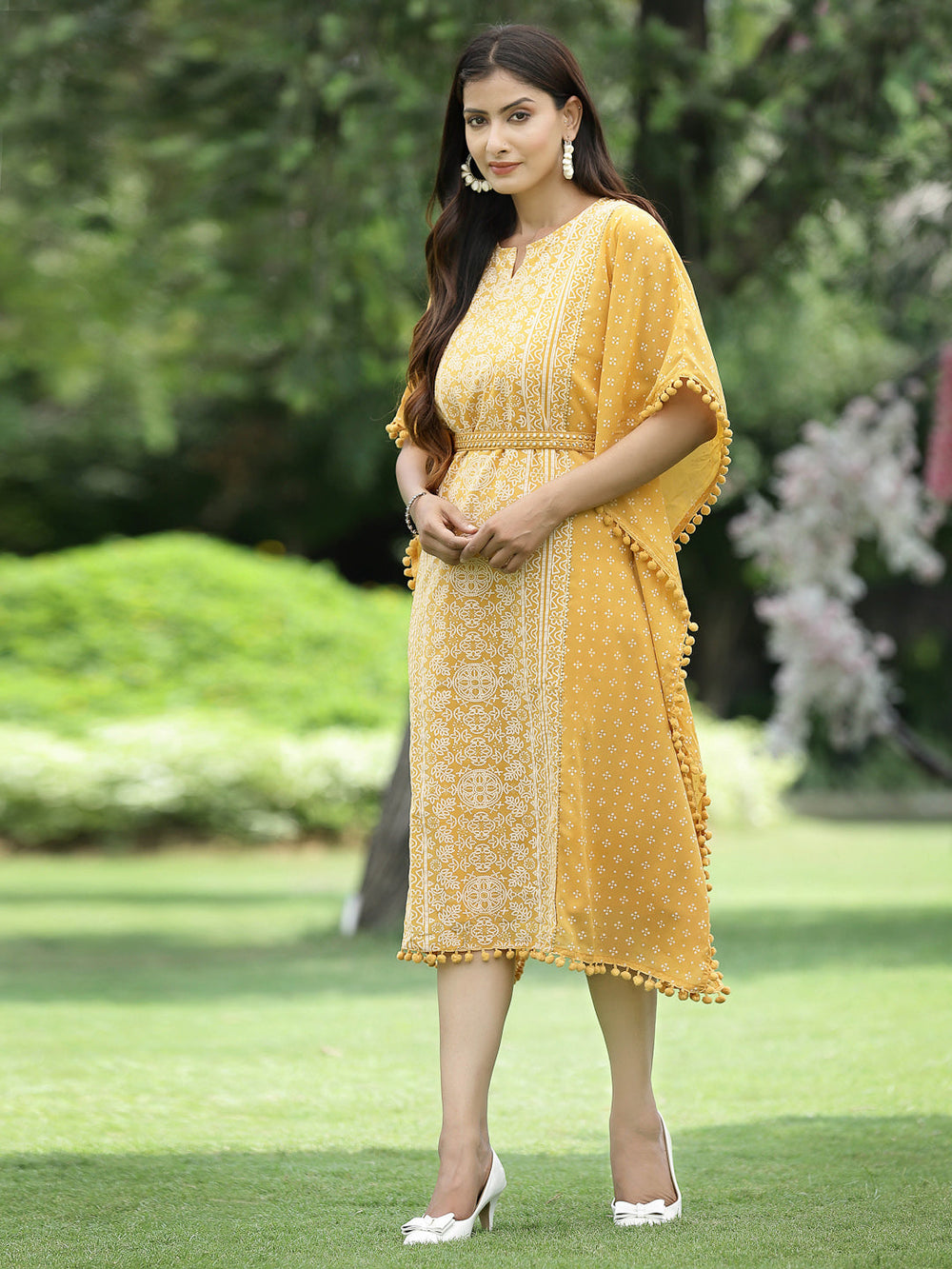 Juniper Mustard Georgette Festive Bandhej Printed Straight Kaftan For Women - Distacart