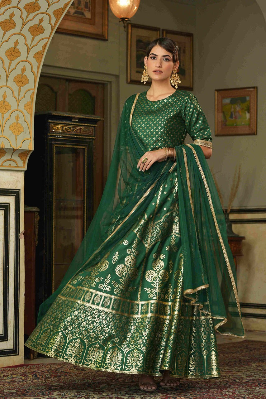 Juniper Green Santoon Slub Festive Foil Printed Straight Lehnga Choli Set For Women - Distacart