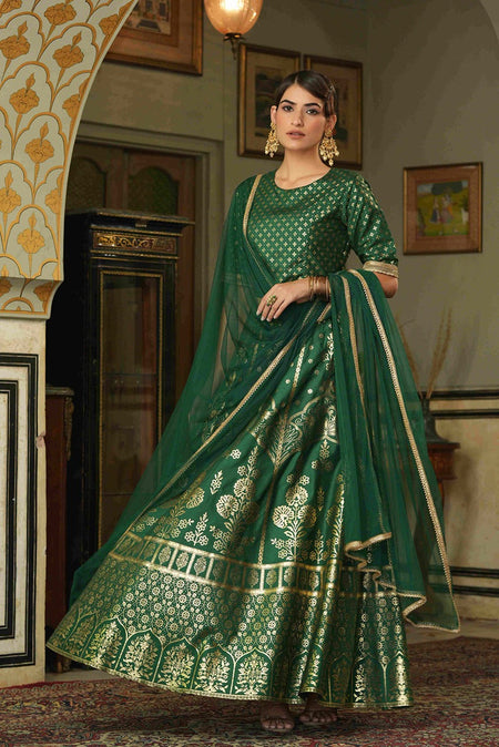 Juniper Green Santoon Slub Festive Foil Printed Straight Lehnga Choli Set For Women