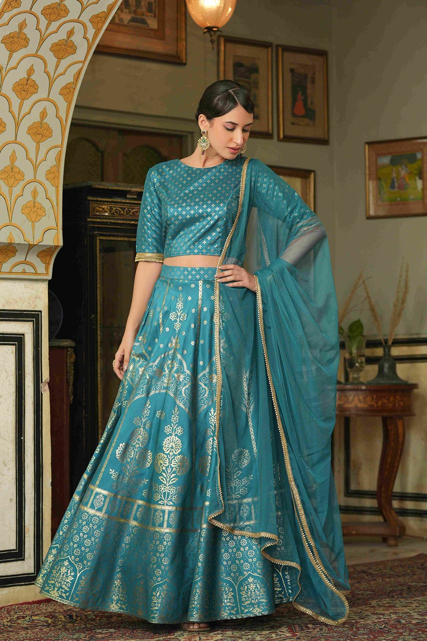 Juniper Teal Santoon Slub Festive Foil Printed Straight Lehnga Choli Set For Women - Distacart