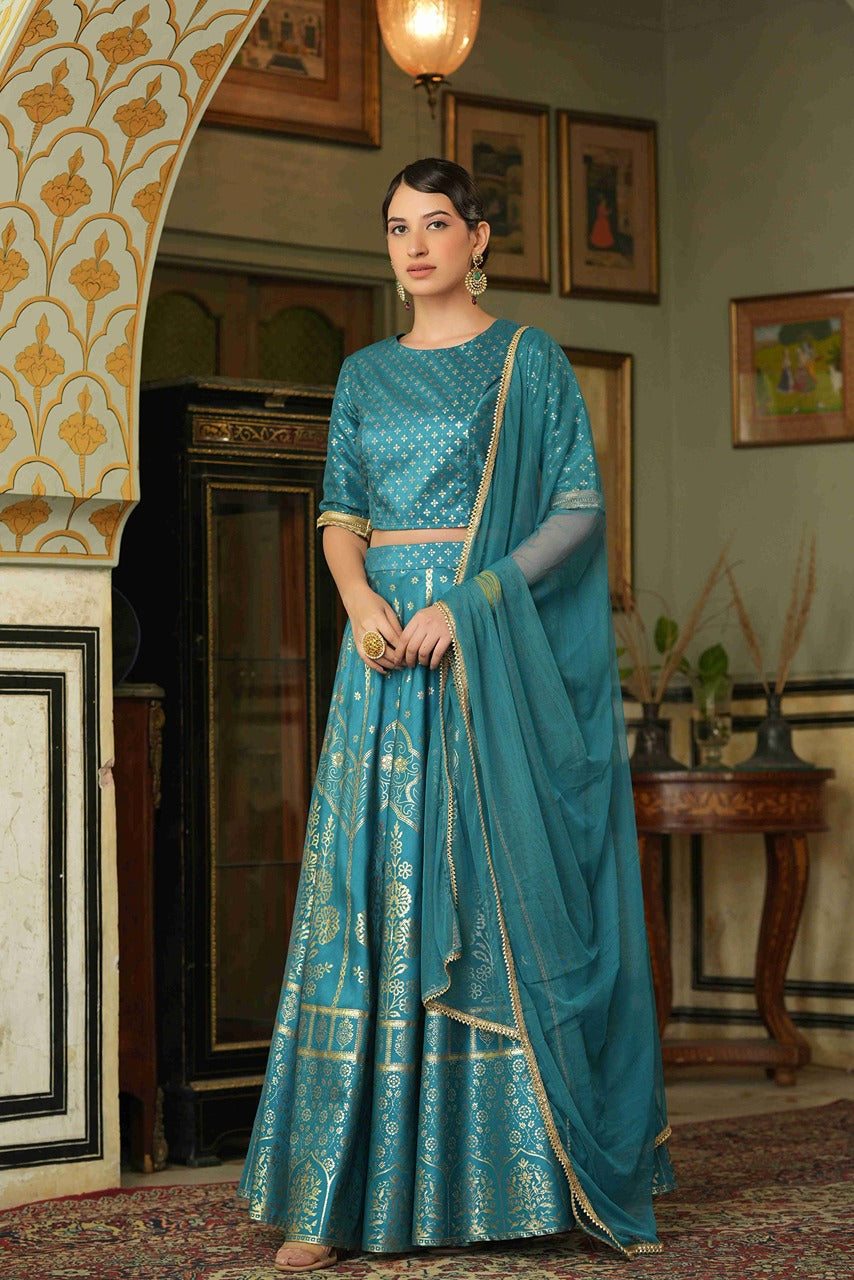 Juniper Teal Santoon Slub Festive Foil Printed Straight Lehnga Choli Set For Women - Distacart