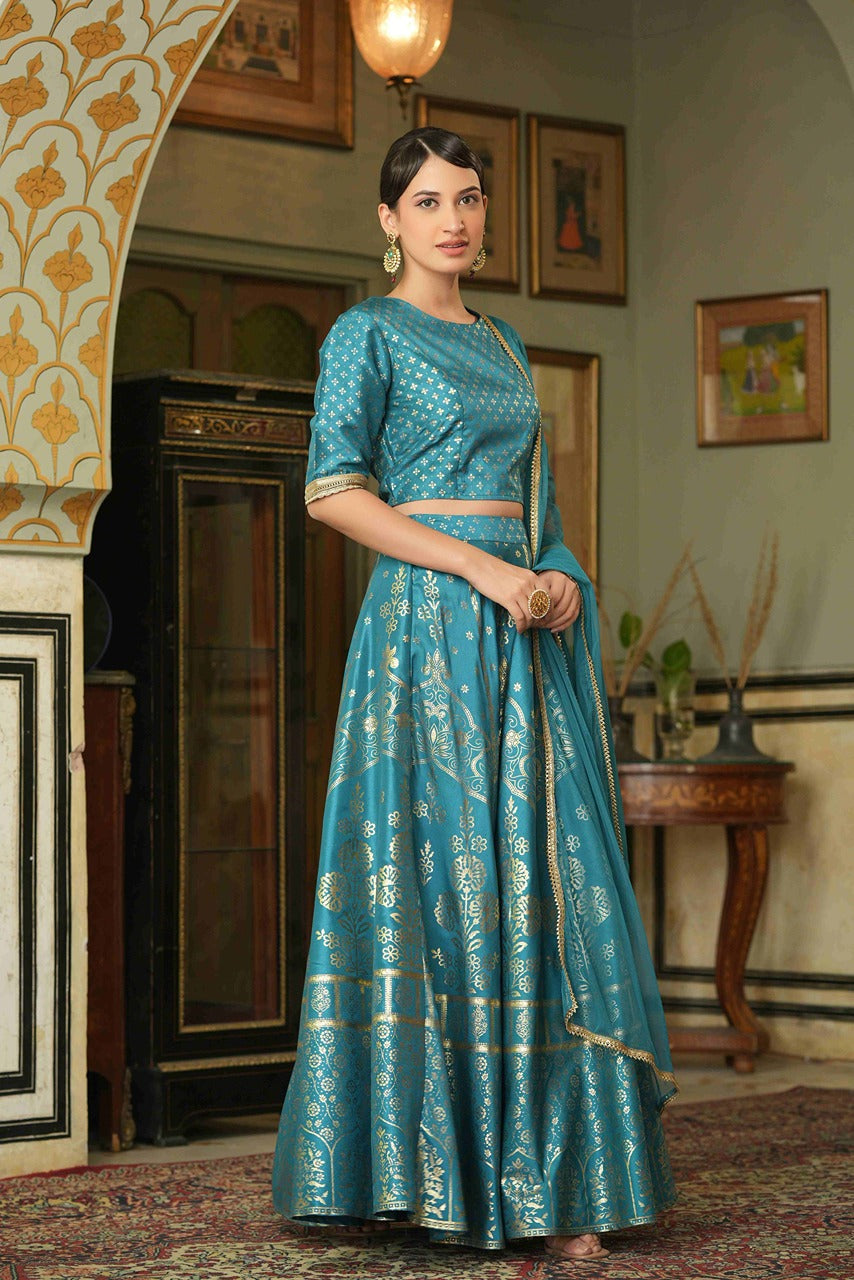 Juniper Teal Santoon Slub Festive Foil Printed Straight Lehnga Choli Set For Women - Distacart