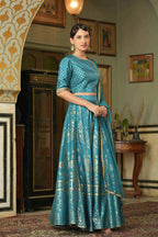 Juniper Teal Santoon Slub Festive Foil Printed Straight Lehnga Choli Set For Women - Distacart