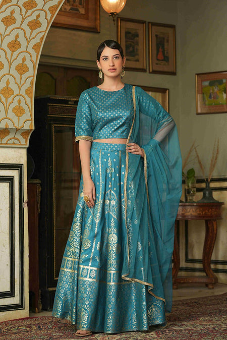 Juniper Teal Santoon Slub Festive Foil Printed Straight Lehnga Choli Set For Women