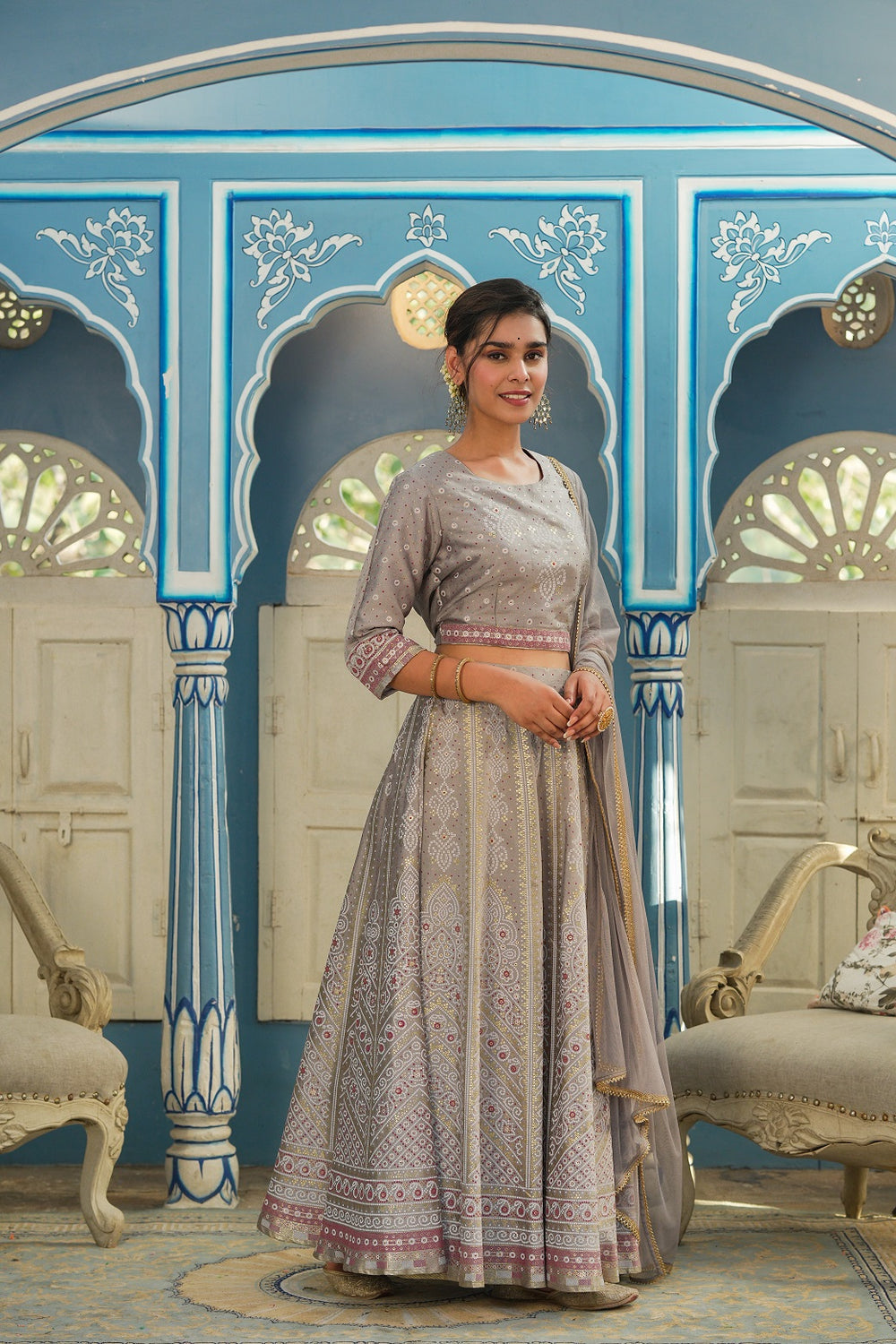 Juniper Grey Santoon Slub Festive Foil Printed Straight Lehnga Choli Set For Women - Distacart