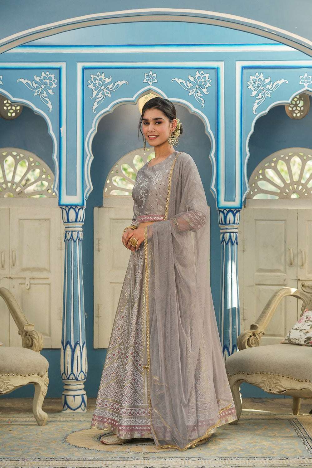 Juniper Grey Santoon Slub Festive Foil Printed Straight Lehnga Choli Set For Women - Distacart