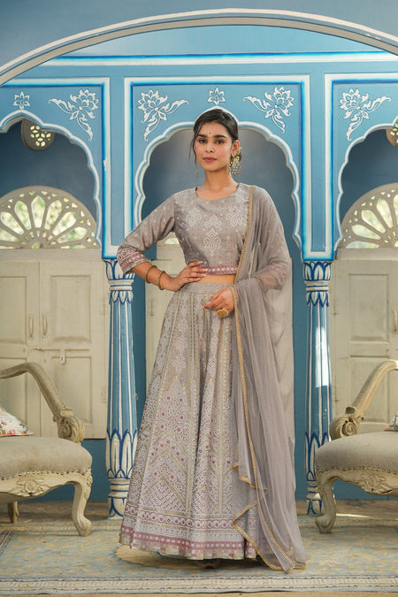 Juniper Grey Santoon Slub Festive Foil Printed Straight Lehnga Choli Set For Women