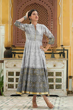 Juniper Grey Shantoon Festive Khadi Print Foil Print Flared Dress For Women - Distacart