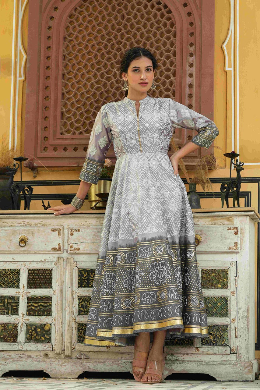 Juniper Grey Shantoon Festive Khadi Print Foil Print Flared Dress For Women - Distacart