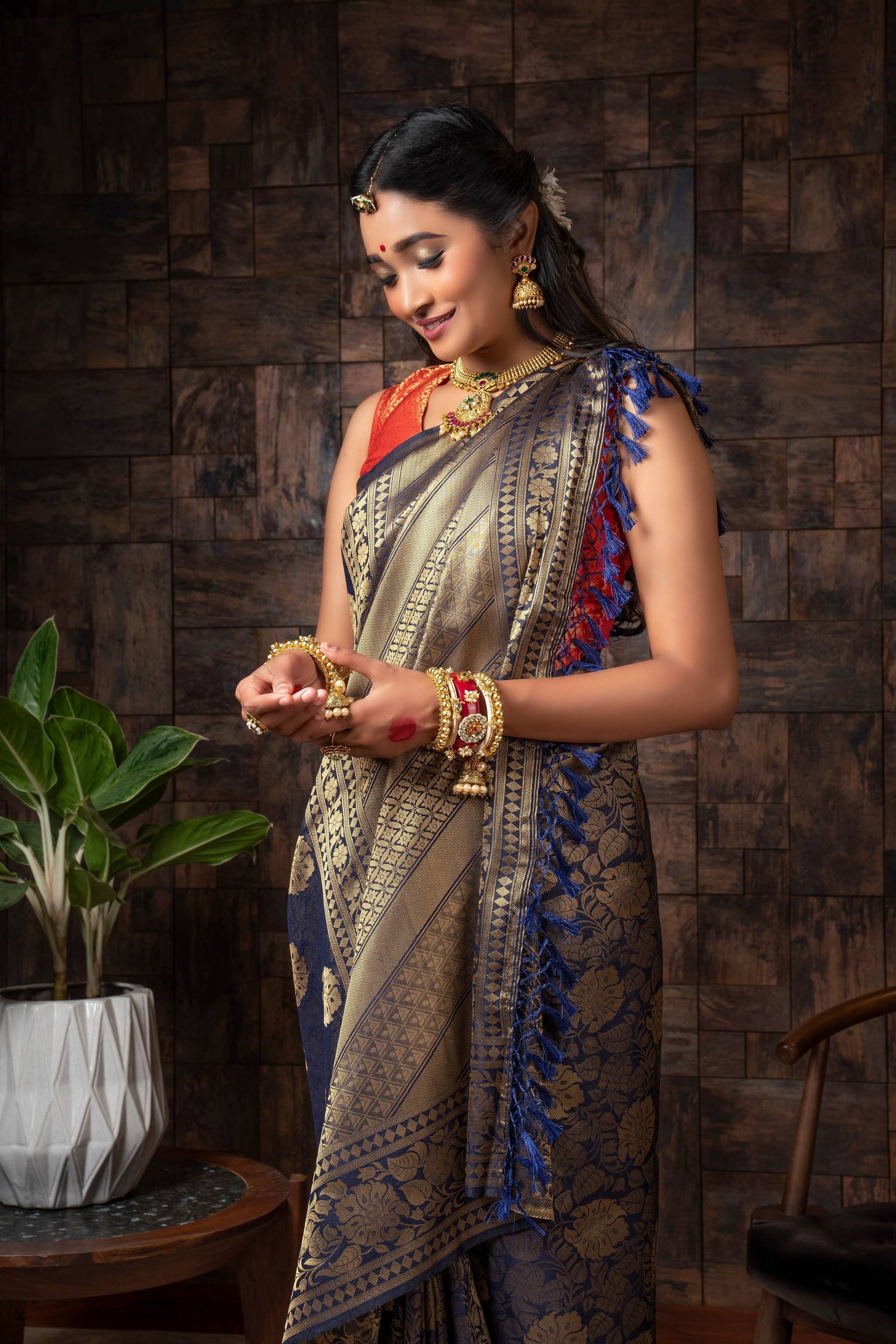 Vardha Sapphire Blue Golden Zari Kanjeevaram Silk Saree