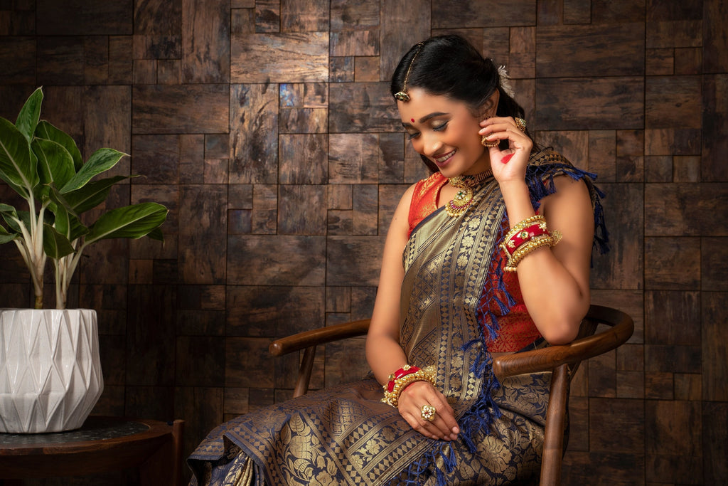 Vardha Sapphire Blue Golden Zari Kanjeevaram Silk Saree
