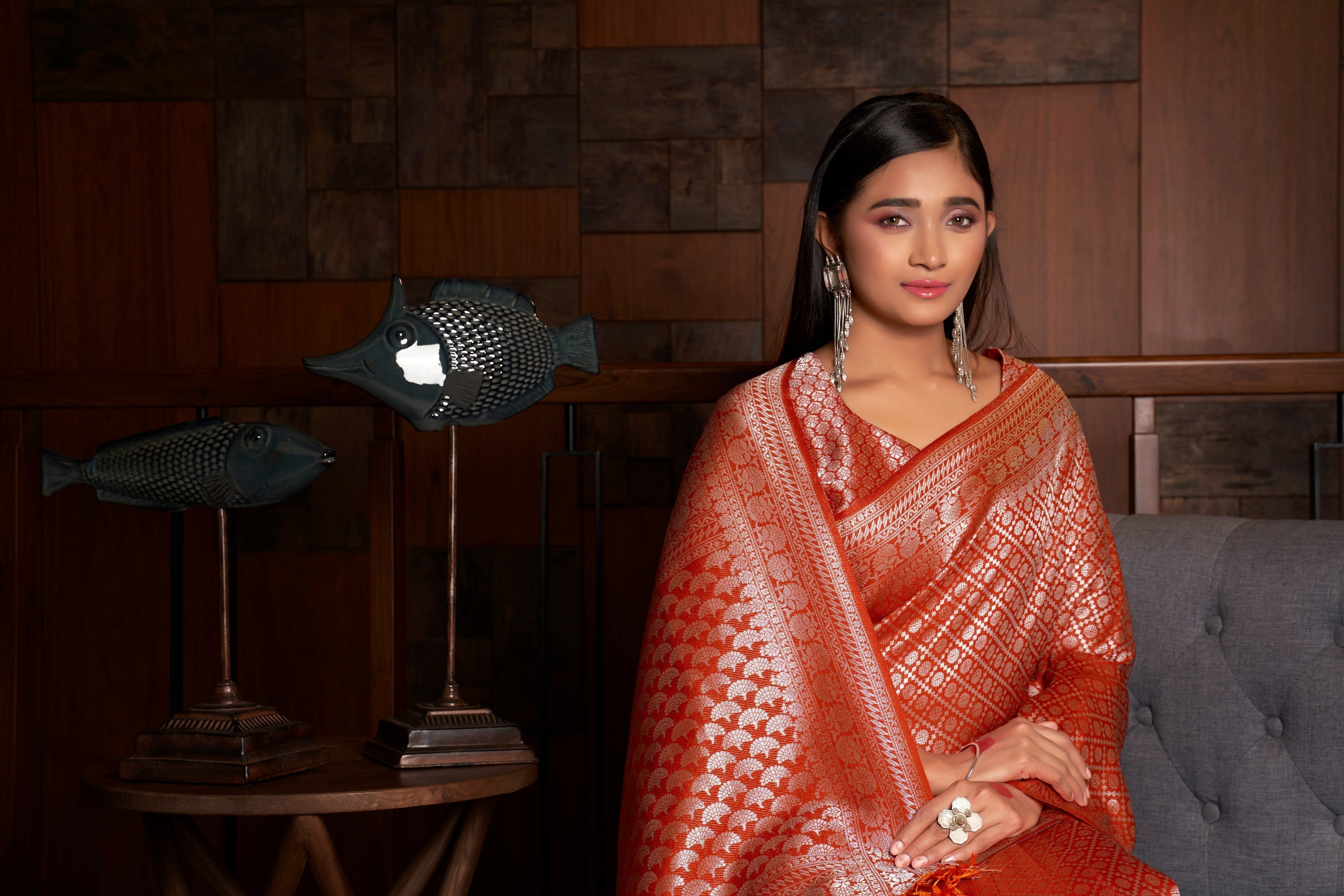 Vardha Candy Red Silver Zari Kanjeevaram Silk Saree