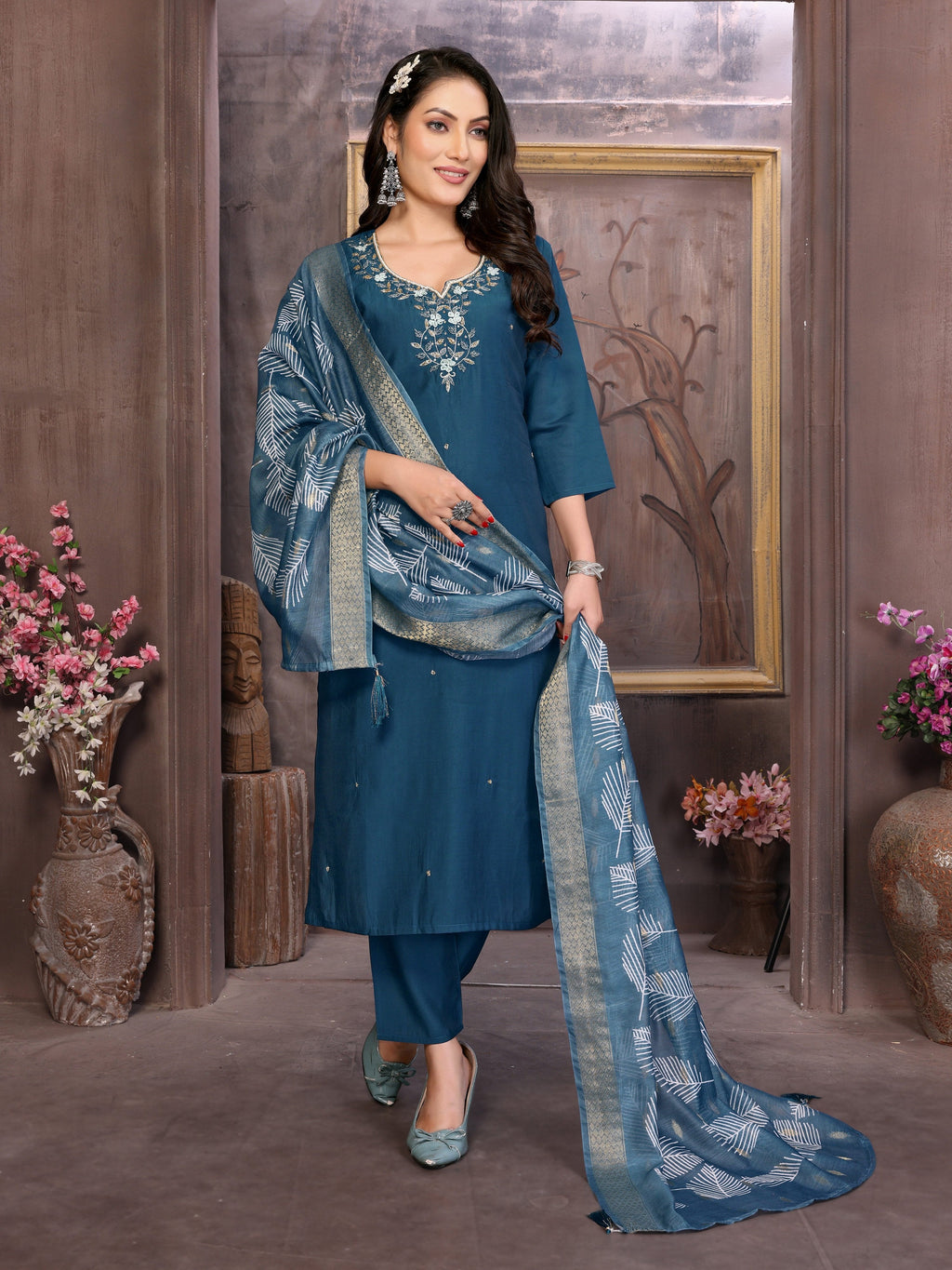 Vedant Vastram Kurta Pant set with Dupatta having Beautiful Hand work (Khatli Work) - Dark Peacock - Distacart