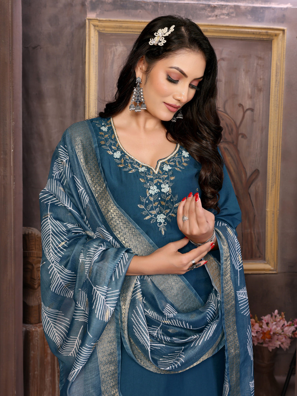 Vedant Vastram Kurta Pant set with Dupatta having Beautiful Hand work (Khatli Work) - Dark Peacock - Distacart