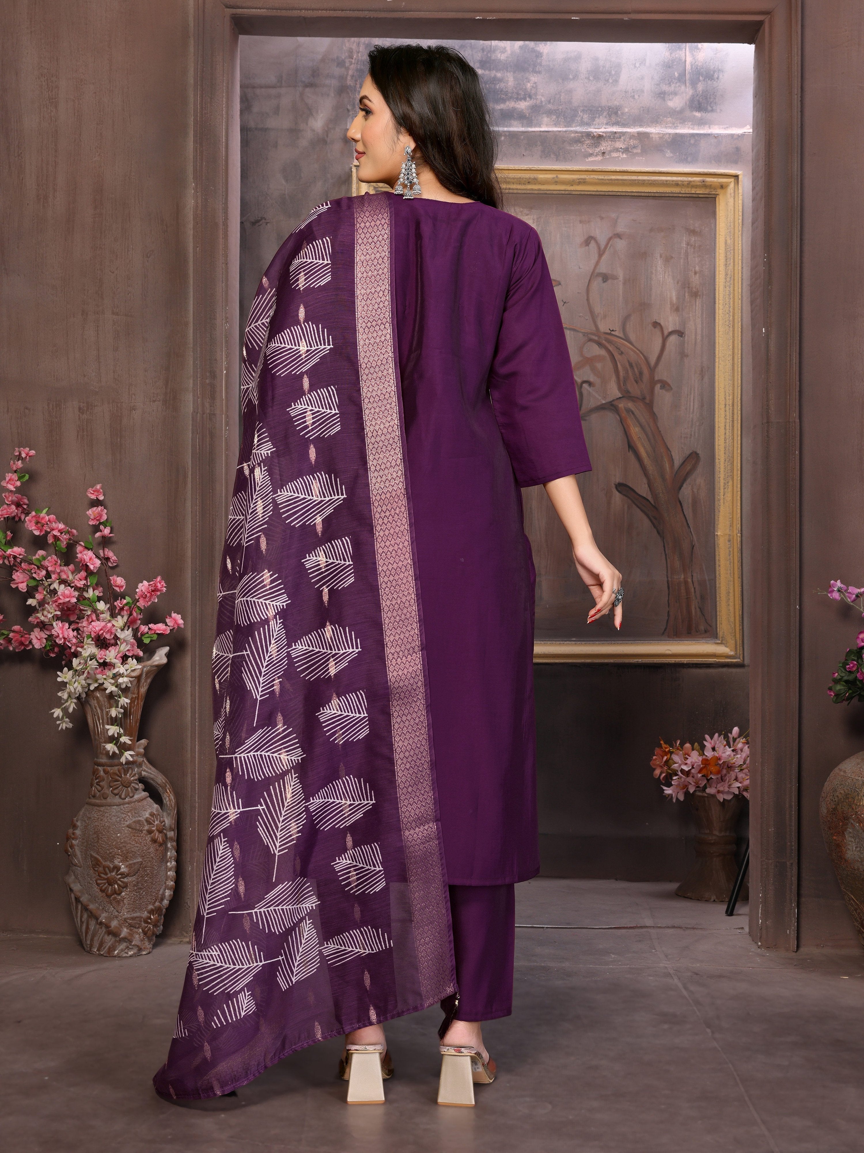 Vedant Vastram Kurta Pant set with Dupatta having Beautiful Hand work (Khatli Work) - Wine - Distacart
