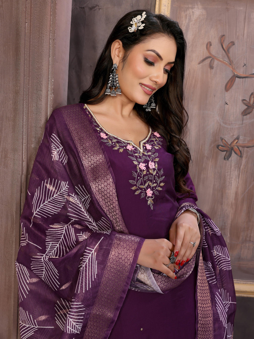 Vedant Vastram Kurta Pant set with Dupatta having Beautiful Hand work (Khatli Work) - Wine - Distacart