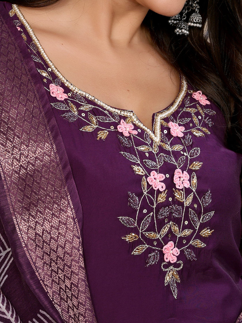 Vedant Vastram Kurta Pant set with Dupatta having Beautiful Hand work (Khatli Work) - Wine - Distacart