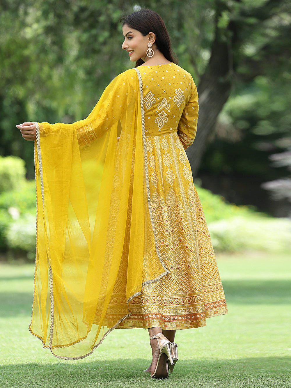 Juniper Women Mustard Santoon Slub Festive Khadi Print Flared Kurta Dupatta Set - Distacart