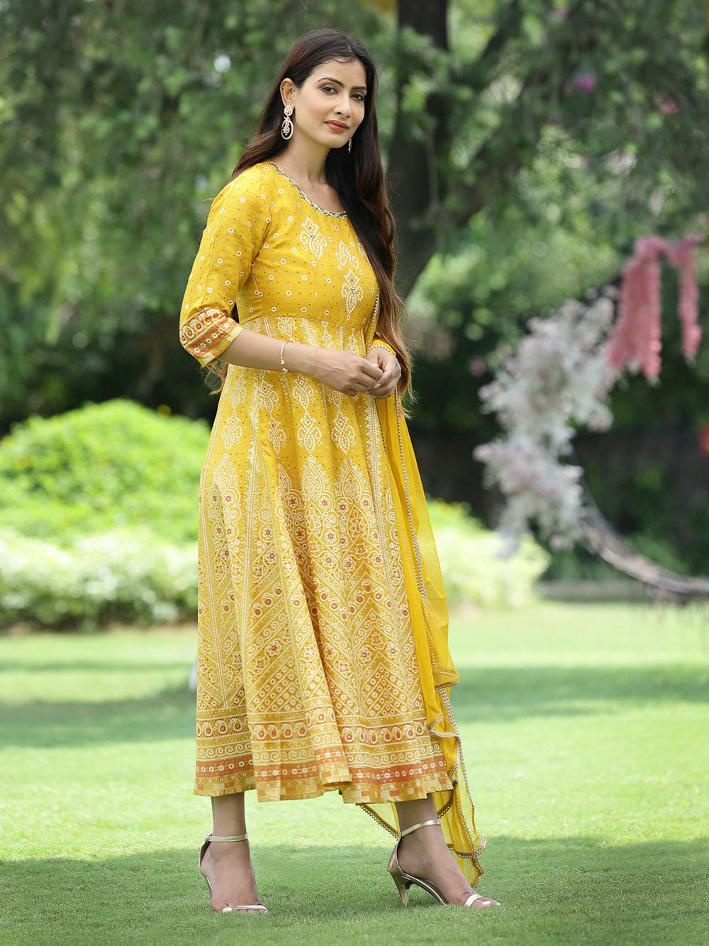 Juniper Women Mustard Santoon Slub Festive Khadi Print Flared Kurta Dupatta Set - Distacart