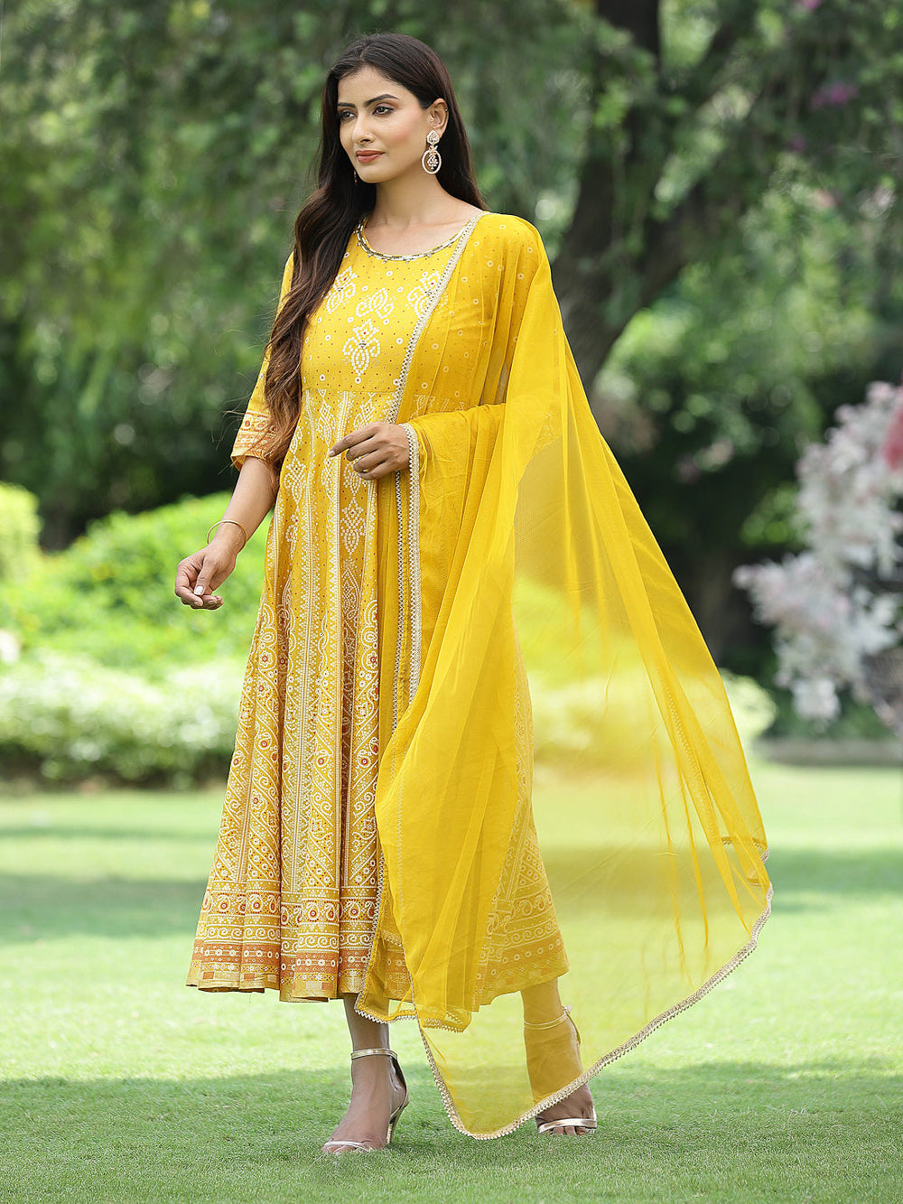 Juniper Women Mustard Santoon Slub Festive Khadi Print Flared Kurta Dupatta Set - Distacart